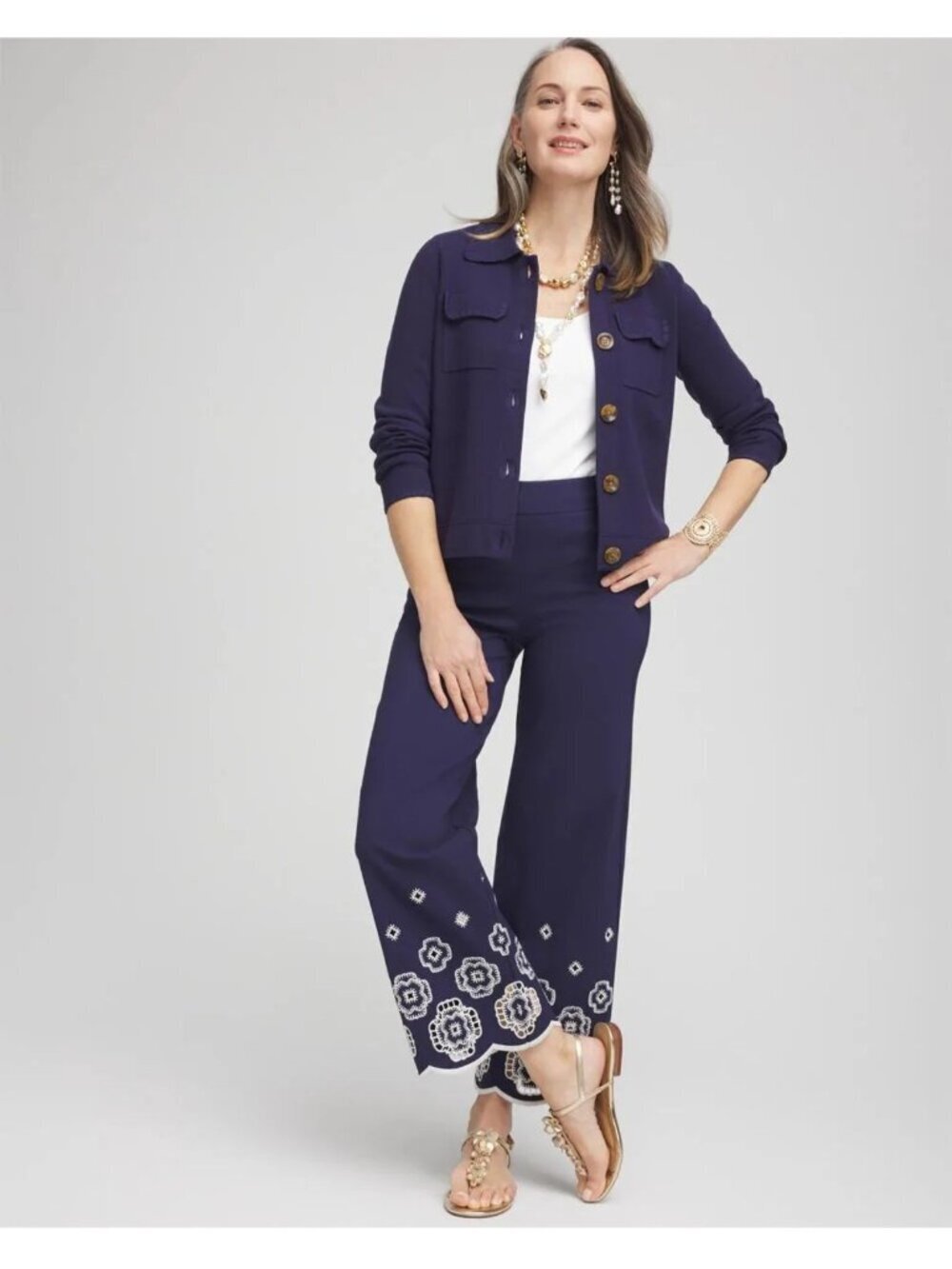 Chico’s Navy Blue Brigitte Crop Pants Embroidered Hem Stretch Size 2 (US 12)